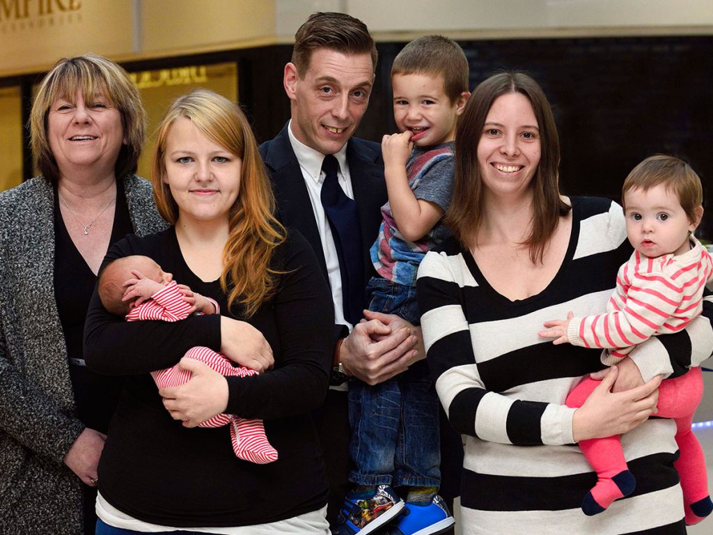 Picture Caption: L-R - Operations Manager Fran Woffinden, Kirsty Carter holding baby Arthur, Security Guard - Shaun Buckley and friend Kerry Young with her children Alfred and Sienna